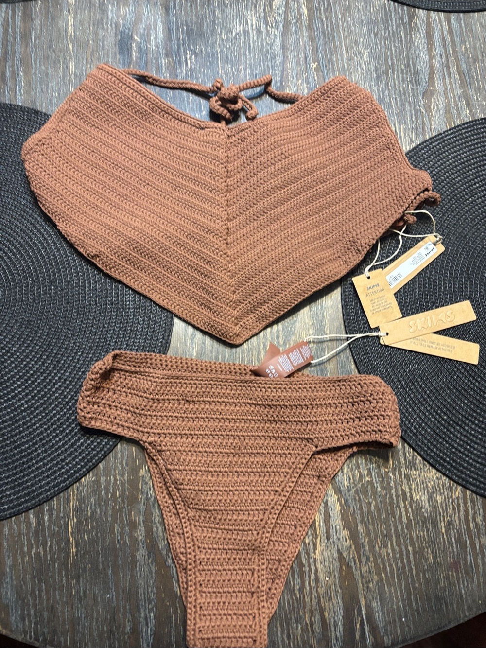 Skims women crochet swim bikini bottom XS and handkerchief top XXs jasper